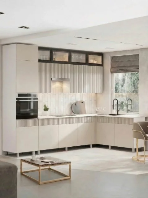 Угловая кухня София, Гренто, Амилия МДФ 3,0х1,8м Белый/Меланж/Черный/Антарес, со столешницей